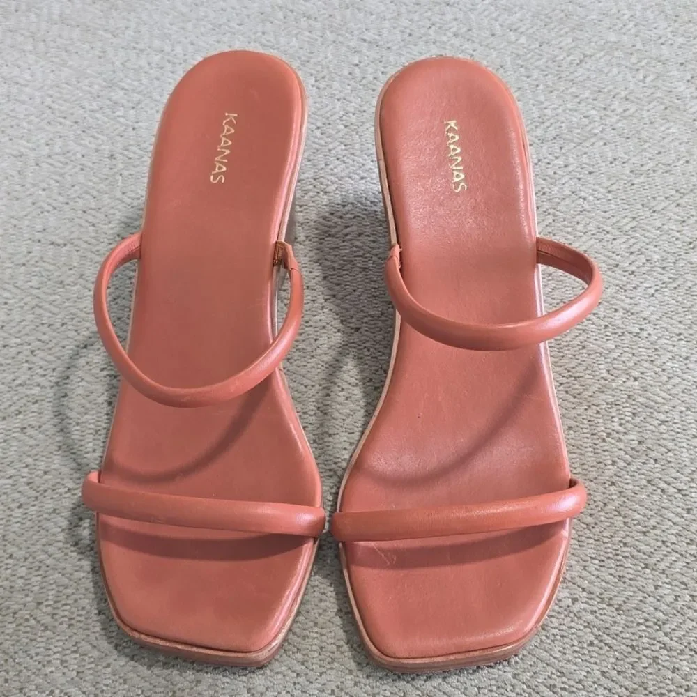Kaanas Leather Brick Red Square Toe Wedge Sandals - Size 9